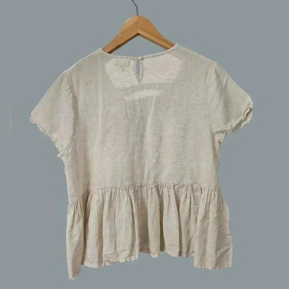 World Market Tan Linen Look Peplum Top w/ Embroidered Flowers Size Small/ Medium - Picture 2 of 8